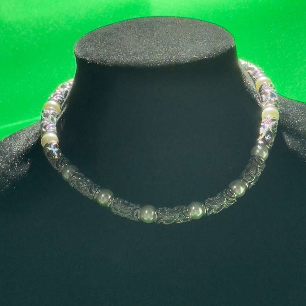 Elegant Silver-Tone Necklace With White Faux Pearl Beads & Ornate Metal Spacers